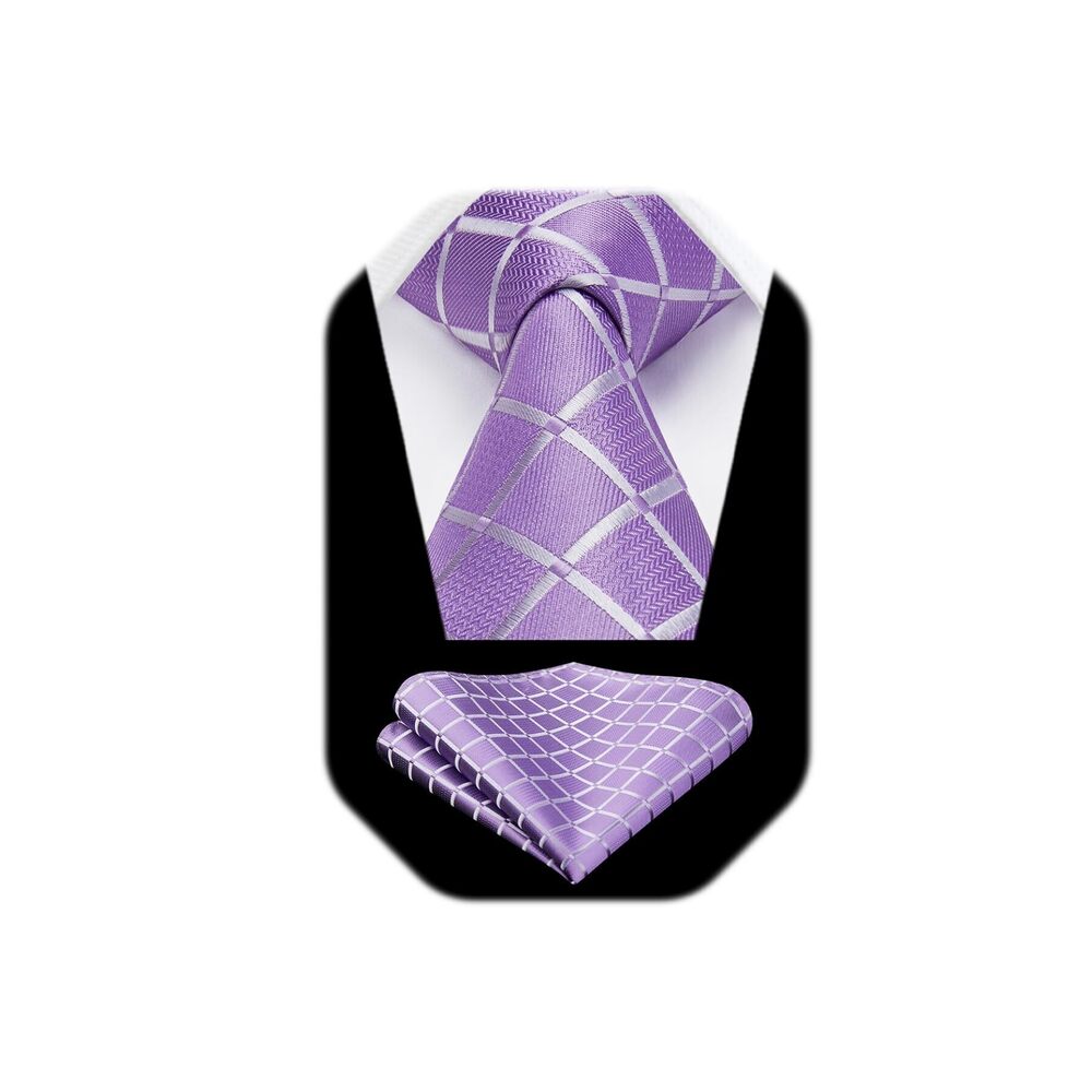 9515 Lilac Lavender Ties Plaid Tie with Pocket Square Set Purple Satin